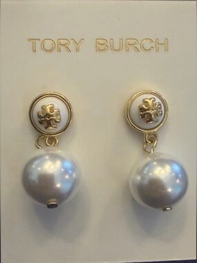 Tory Burch Authentic Gold and White Swarovski Pearl Drop Earrings